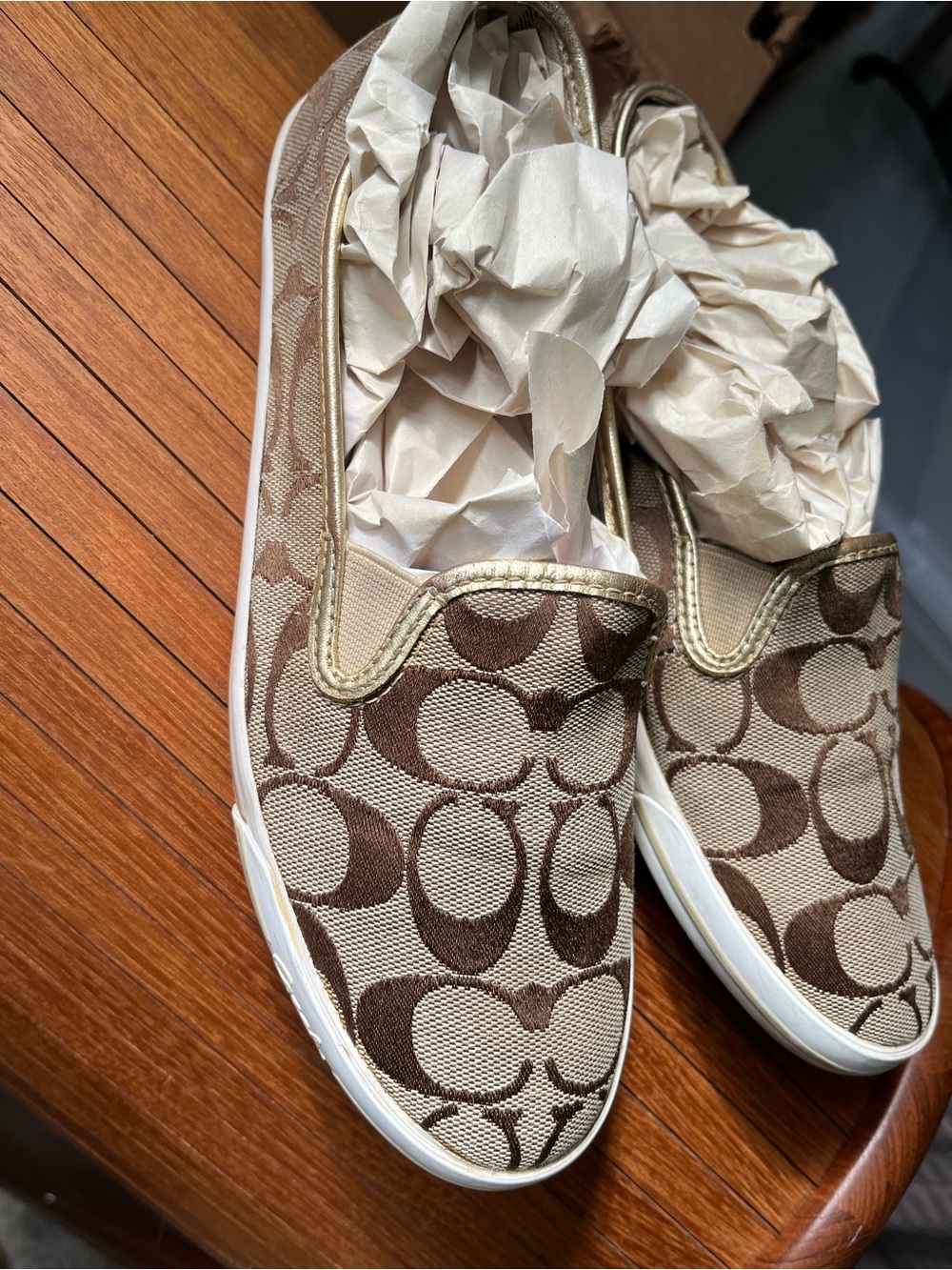 Coach Beige and Brown Signature Canvas Slip-On